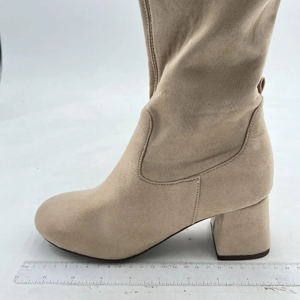 Beige Women Side Zipper Closed Toe Thigh High Chunky Heel Over Knee High Boots